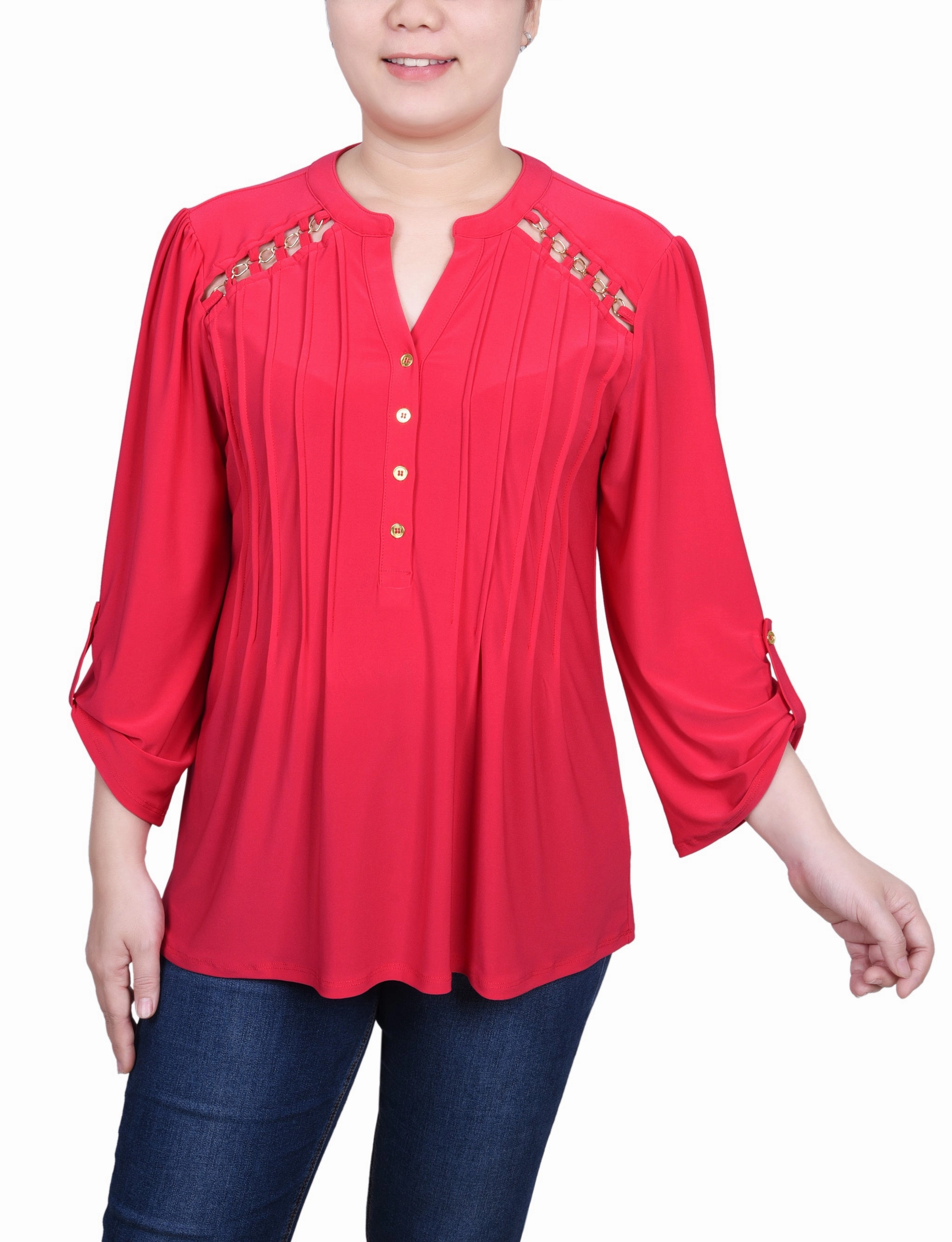 SnagResistant Long Sleeve Pintuck Front Top With Chain Details