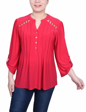 Long Sleeve Pintuck Front Top With Chain Details All Over Print Technique