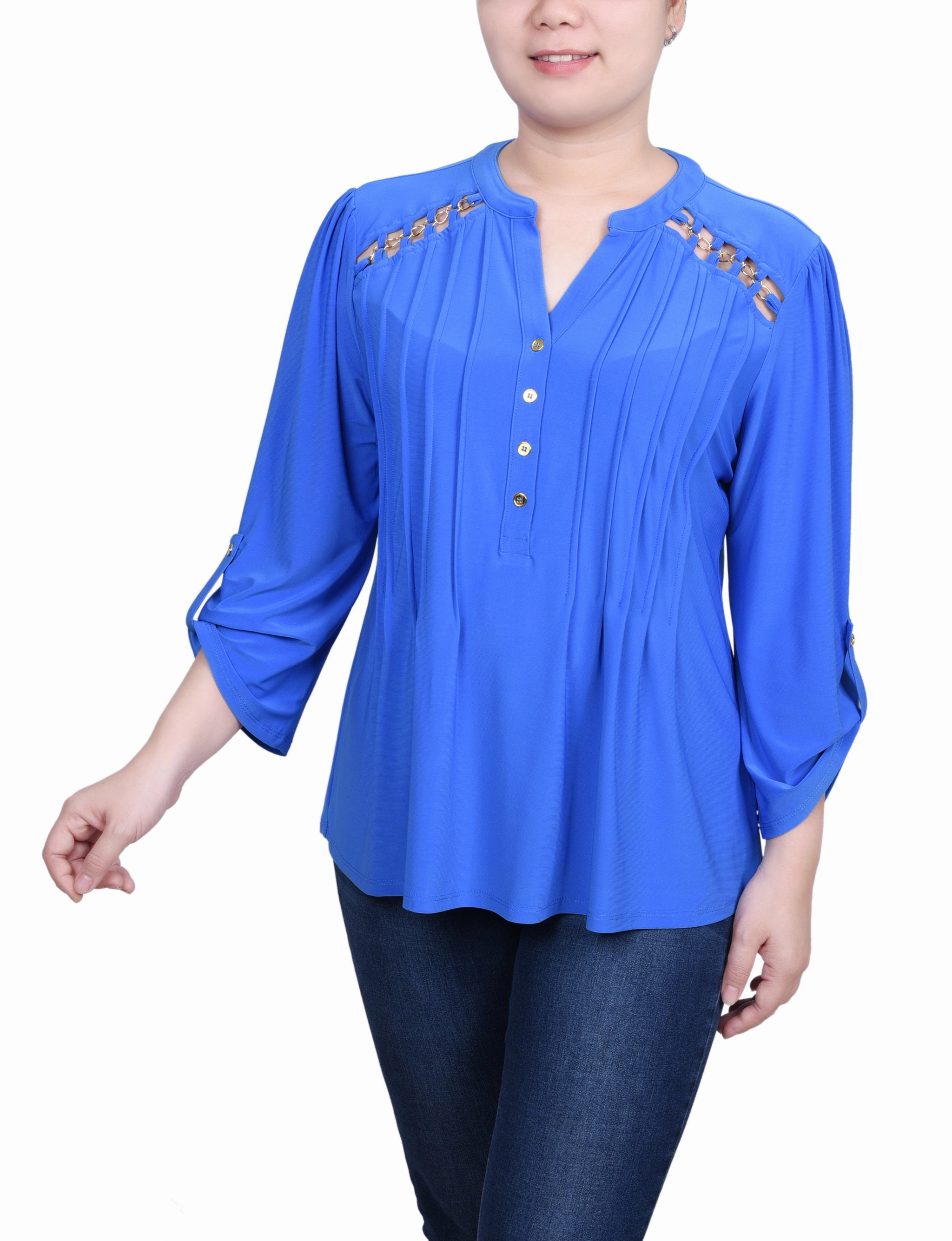 Long Sleeve Pintuck Front Top With Chain Details Easycare