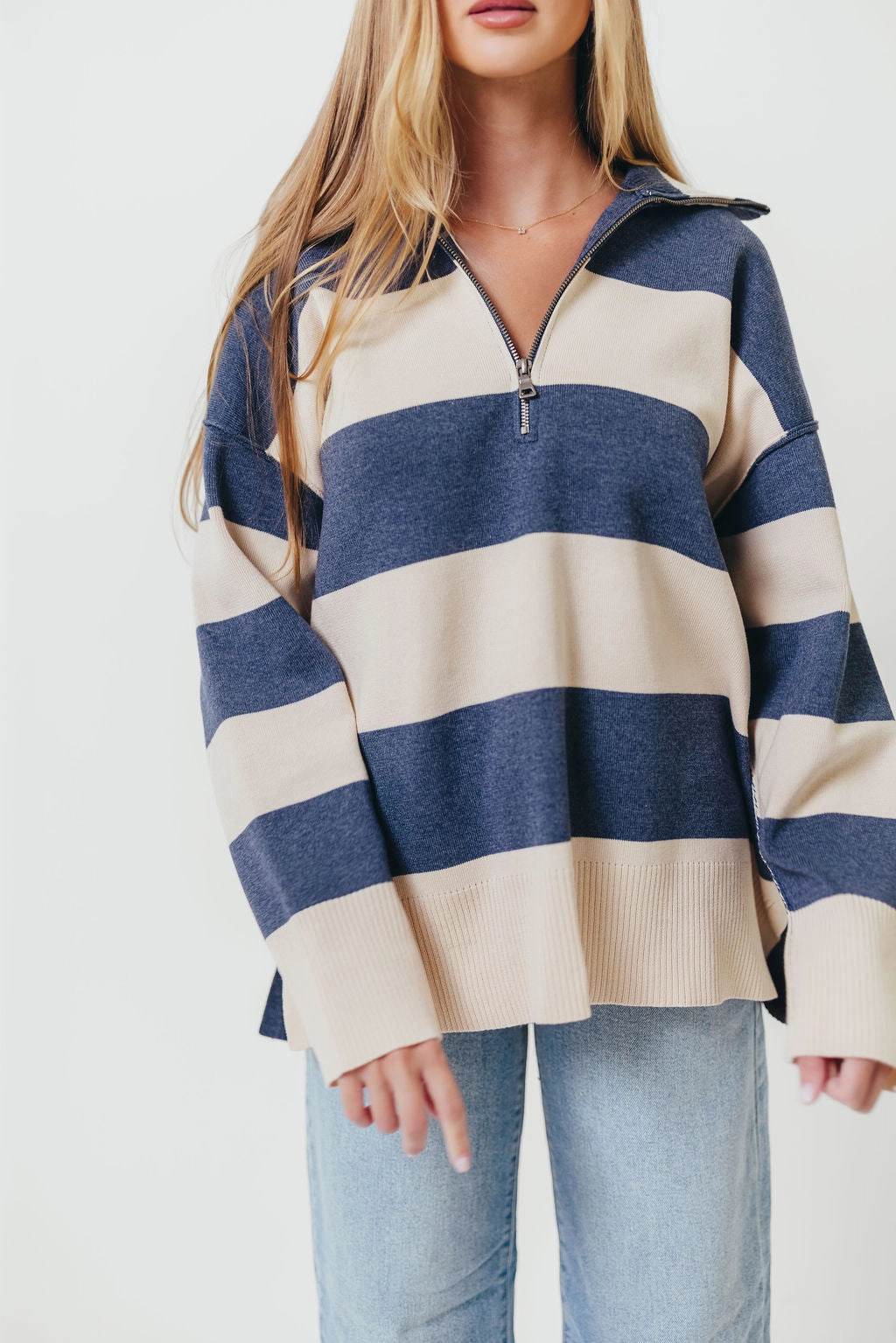 Multi Panel Design Fontaine Pullover in Navy Cream