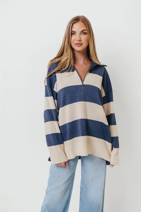 Fontaine Pullover in Navy Cream Biodegradable Fiber Garment Dyed Finish