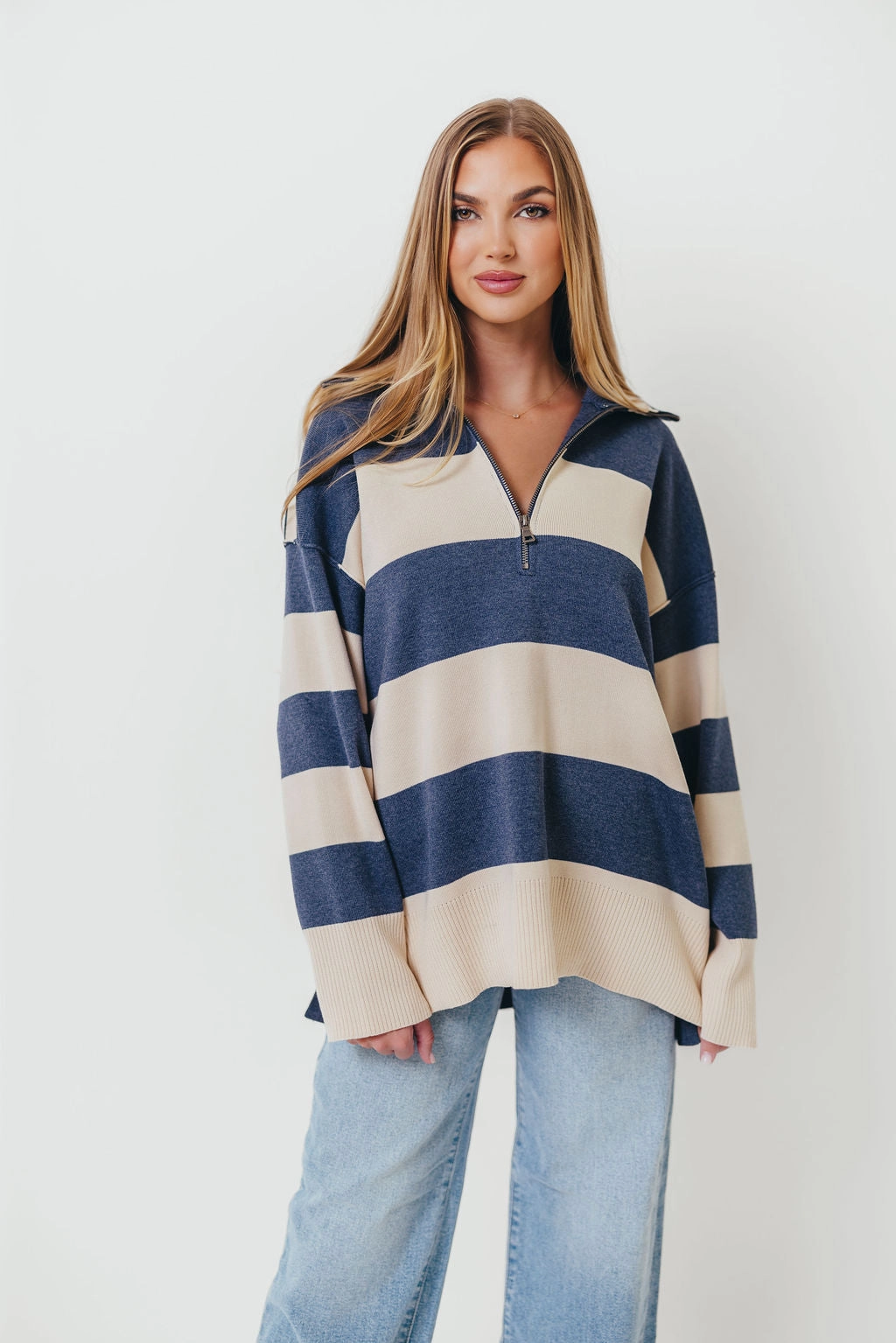 Fontaine Pullover in Navy Cream Biodegradable Fiber Garment Dyed Finish