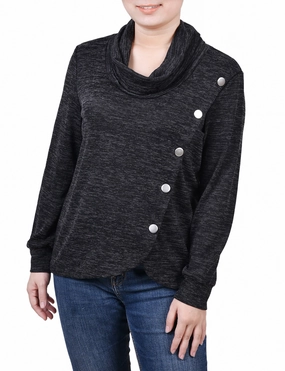 Stretch Fit Top Long Sleeve Overlapping Cowl Neck Top