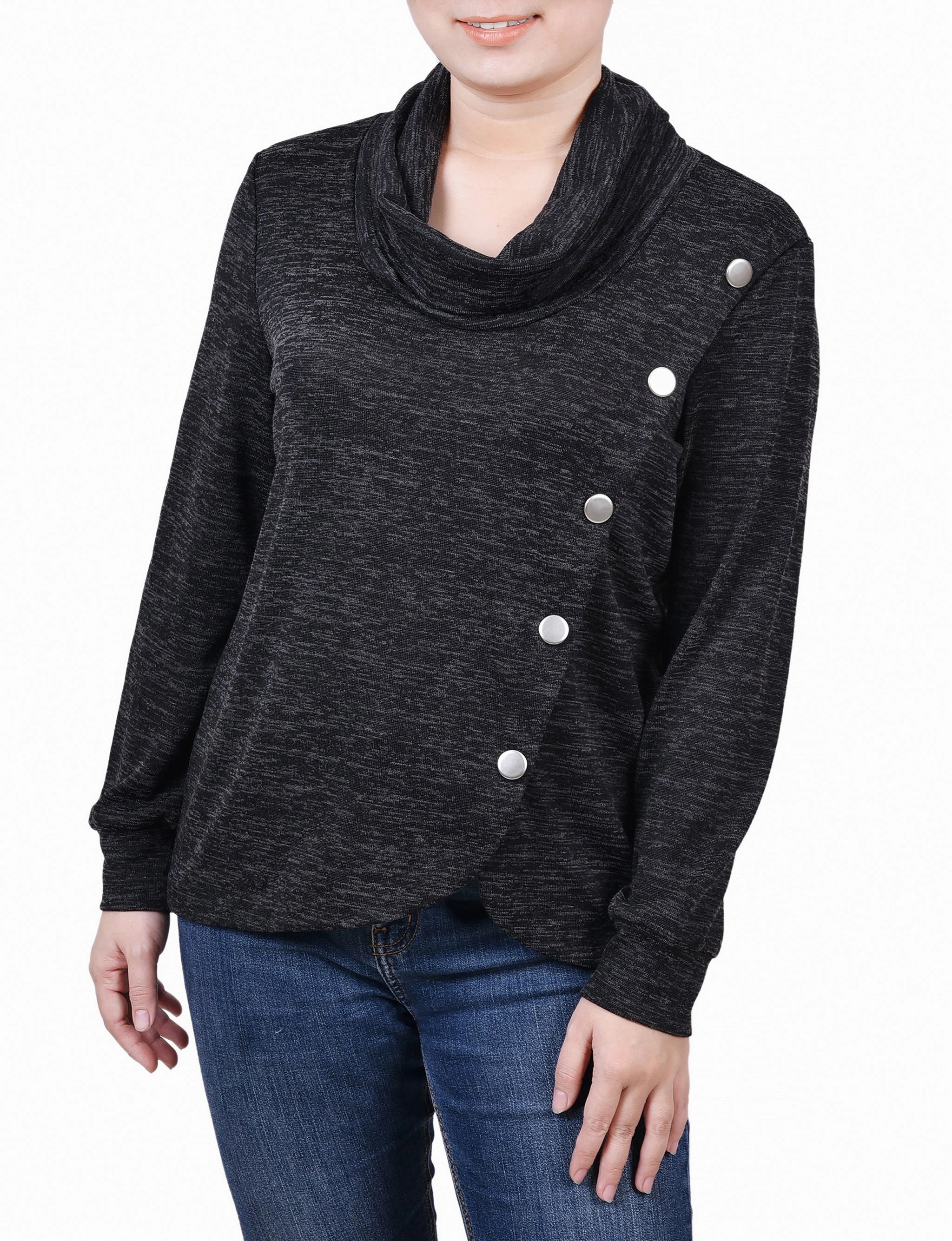 Long Sleeve Overlapping Cowl Neck Top NonScratchyLining WeightedHem