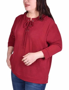 Adjustable Hem Toggles Plus Size Long Sleeve Hoodie Top With Laced Yoke