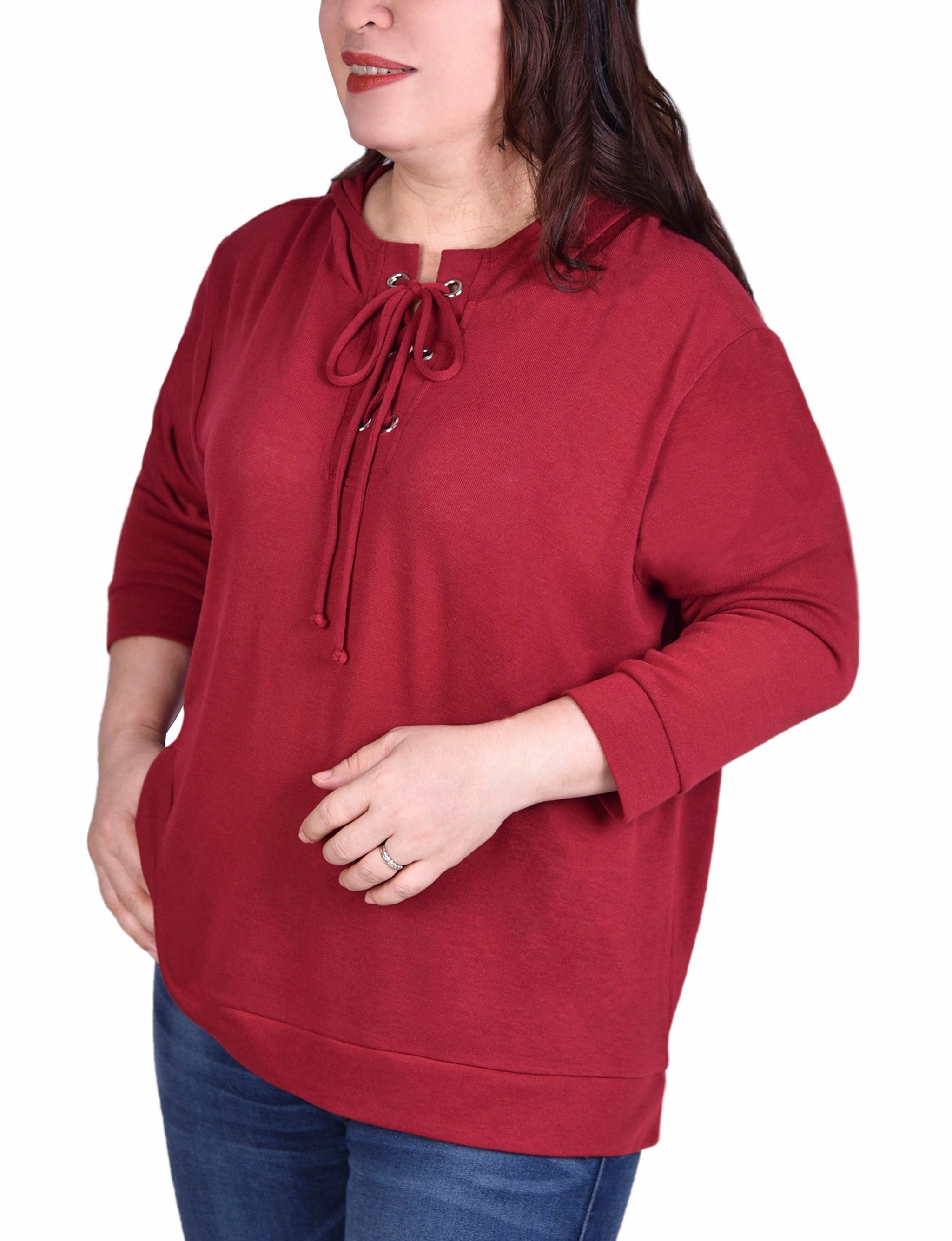 Moisture Wicking Material Plus Size Long Sleeve Hoodie Top With Laced Yoke