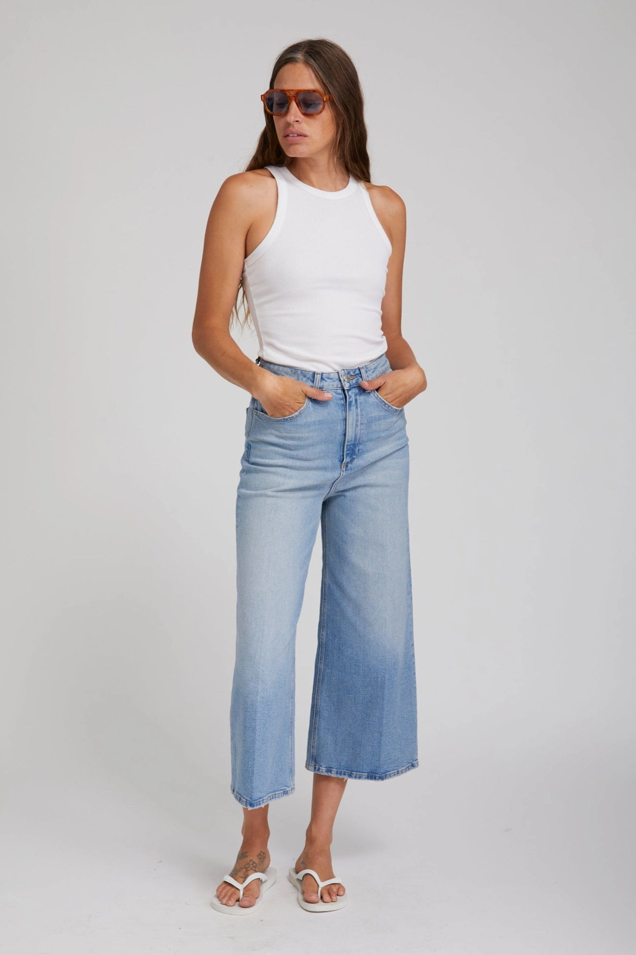 High Collar Design Woolfe Denim Culotte Pants