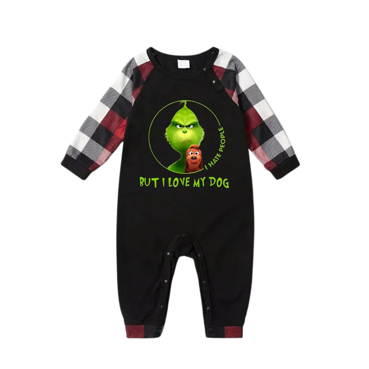 'I Hate People But I love My Dog' Text With Green Cartoon Characters and Dog Pattern Contrast Black Top Red&Black&White Plaid Pants Family Matching Pajamas