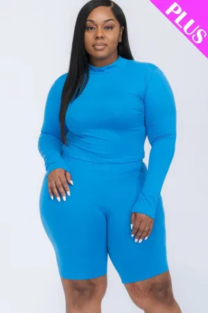 Ibiza Blue Plus Size Mock Neck Long Sleeve Top & Biker Shorts Loungewear Set_