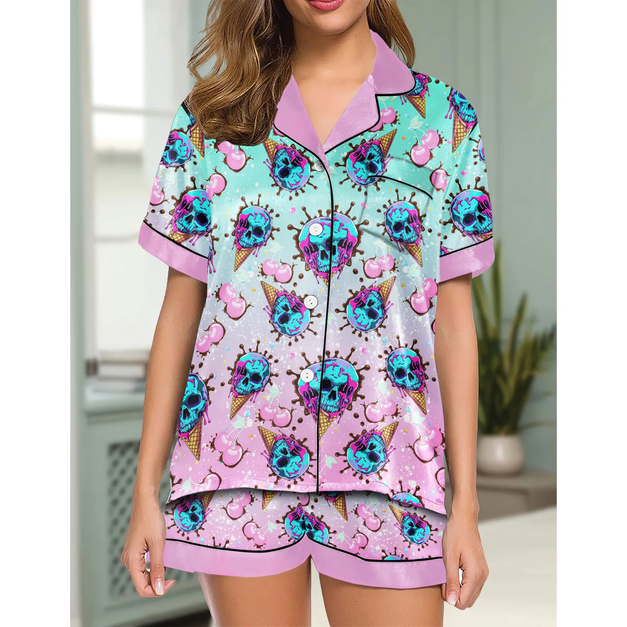 Ice Skull Theme Women's Pajama Sets Top Sleeve & Short Bottom