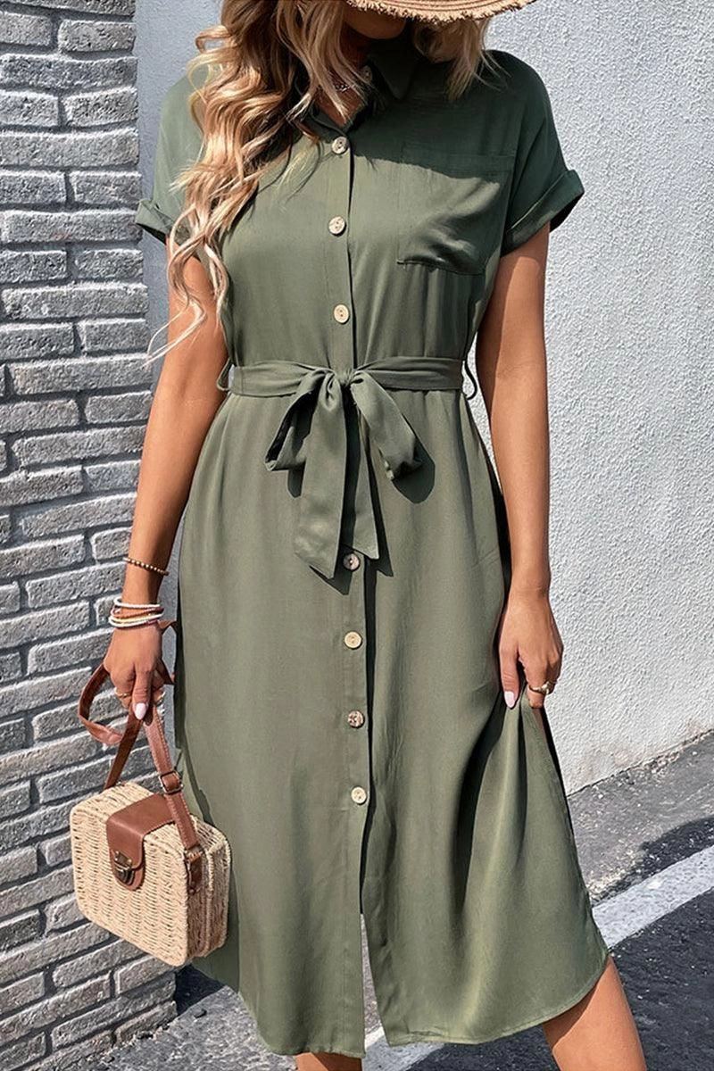 ROLL UP SLEEVE BUTTON UP BELTED SLIT DRESS Easy Going Edgy Look