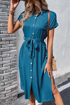 Refined Presence ROLL UP SLEEVE BUTTON UP BELTED SLIT DRESS
