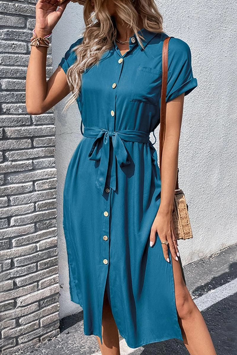 Fashion Option ROLL UP SLEEVE BUTTON UP BELTED SLIT DRESS