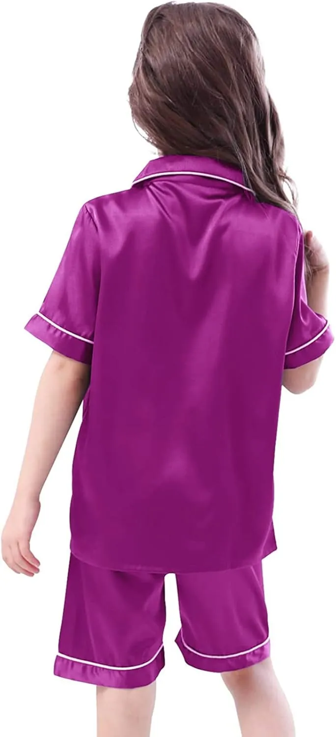 ids irls Satin Silk Pajama Set Button Down Short Sleeve Lapel Shirt Elastic Waist Shorts Sleepwear 2Pc Loungewear
