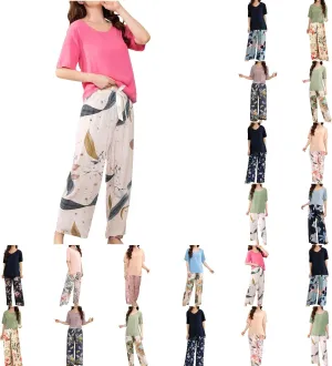 ids Short Sleeve Capri Long Pants Cartoon Cute 2PCS Sleepwear Casual Loungewear Two Piece Cotton Loose Outfits
