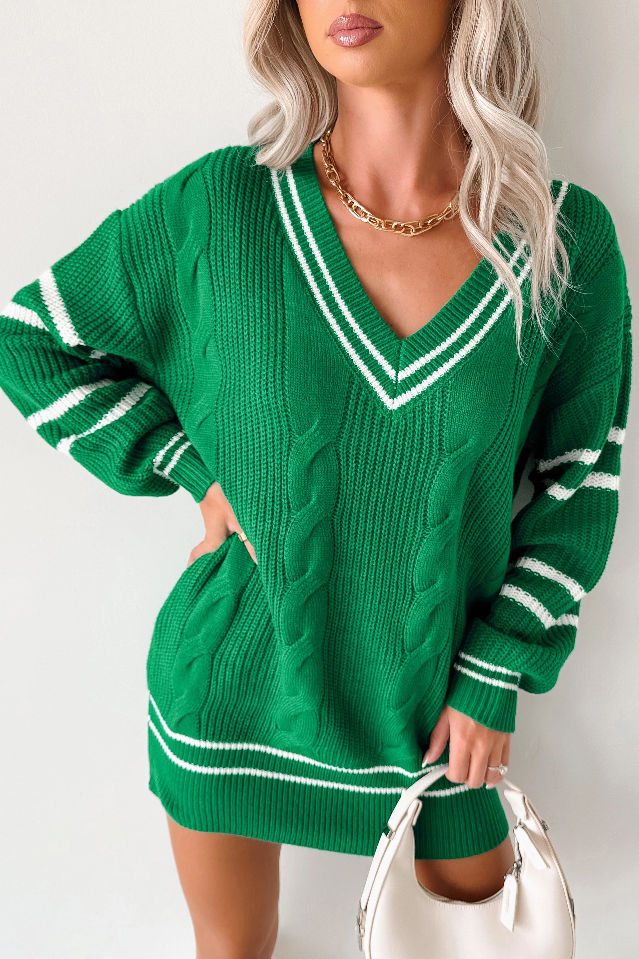 Friction Resistant Shoulder Breathable fabric In This Moment Cable Knit Striped Sweater (Green)