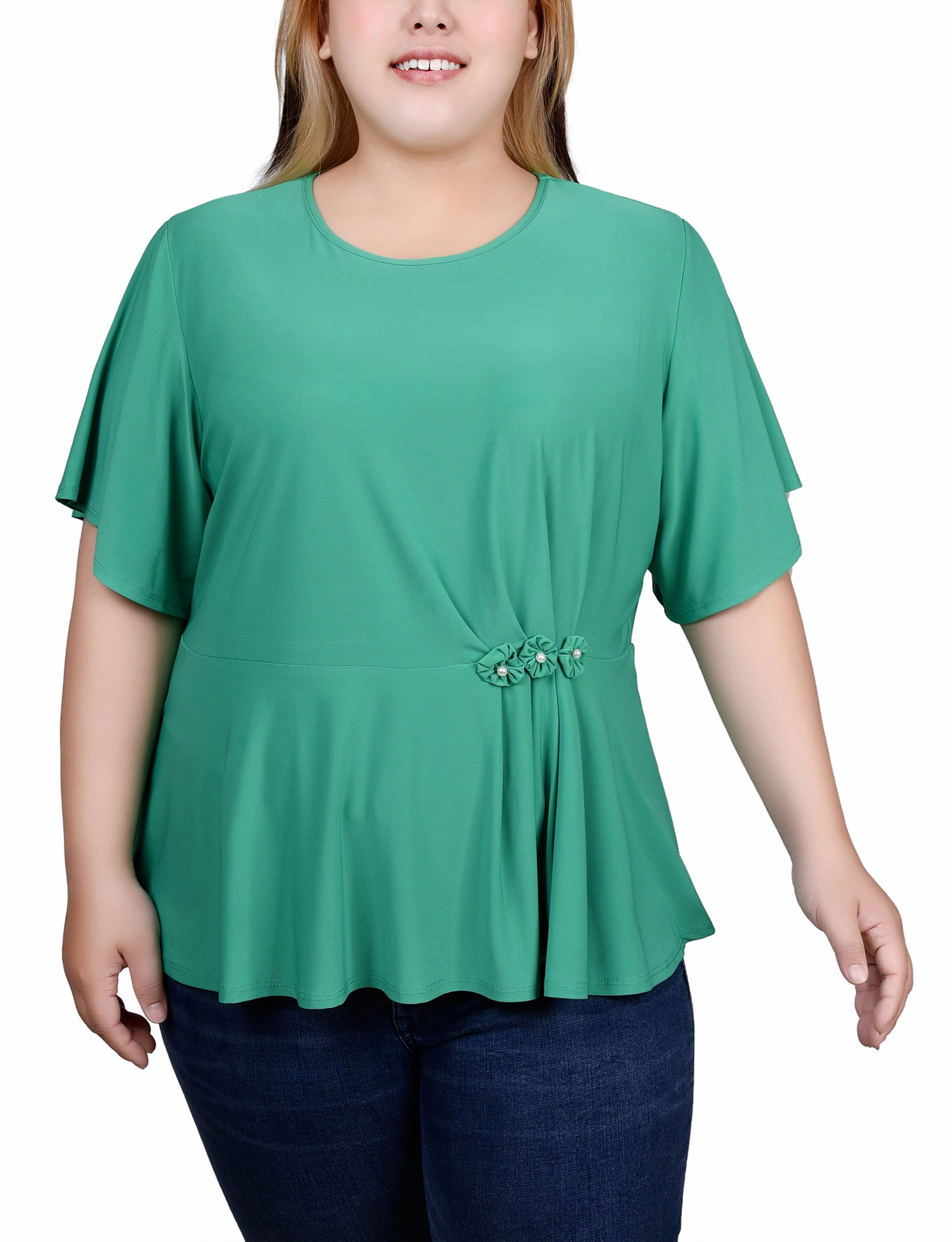 Plus Size Flutter Sleeve Flower-Detail Top SolarReflectiveFinish Odor Resistant Finish