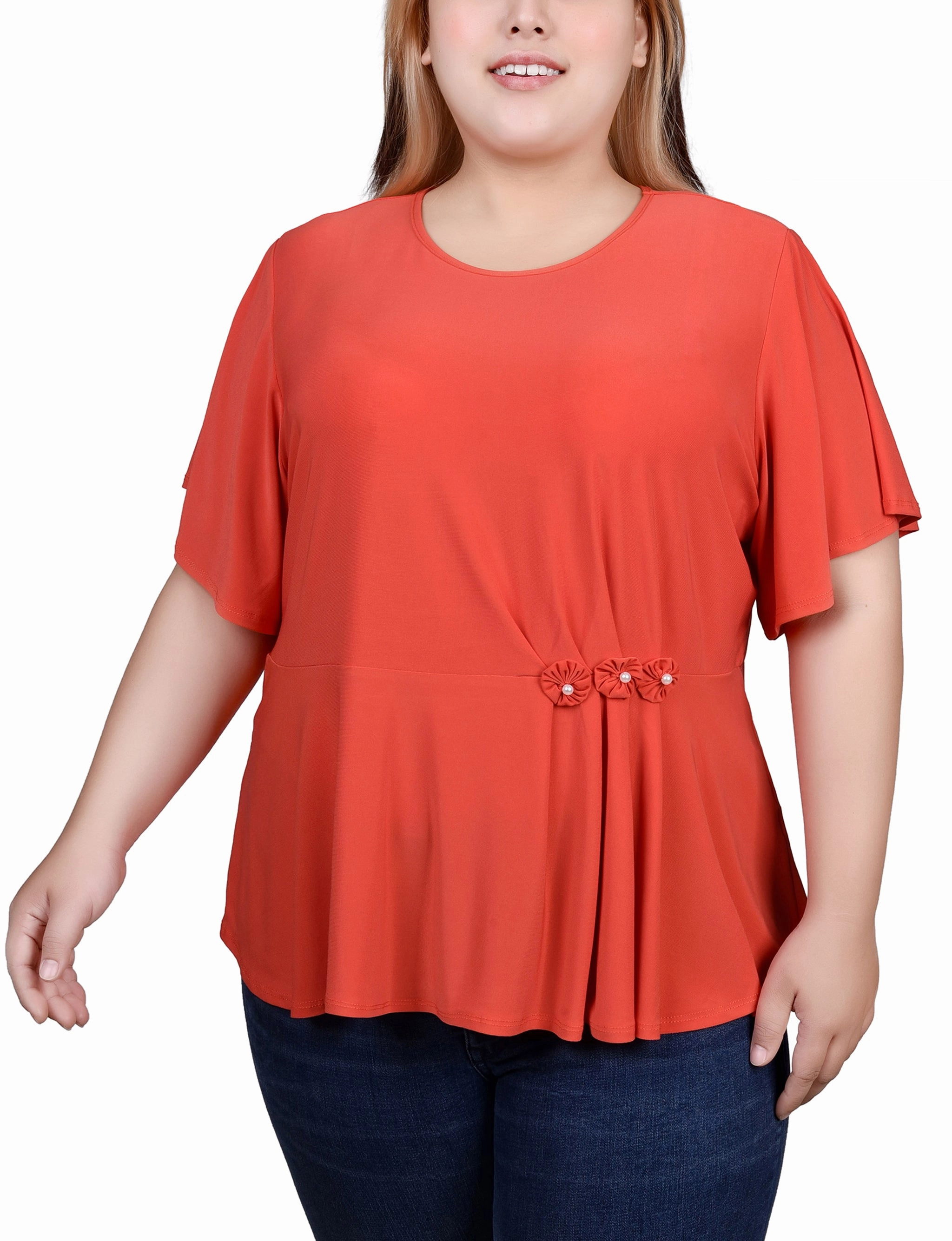 Low Profile Collar Plus Size Flutter Sleeve Flower-Detail Top
