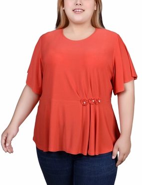 Loose Tee Plus Size Flutter Sleeve Flower-Detail Top