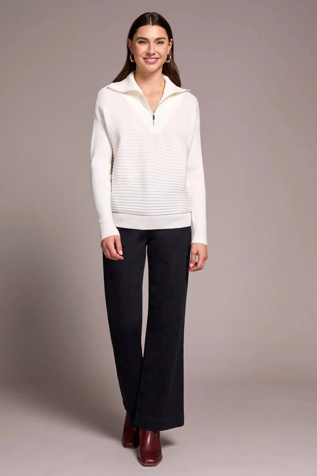 Tribal Soft Zip-Up V-Neck Sweater in Eggshell Flatlock stitching Stylish T-shirt