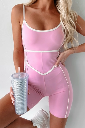 ErgonomicArticulatedDesign Eco Friendly Dyeing Inspiring Greatness Contrast Trim Backless Romper (Pink)