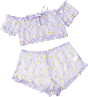 iQKA Women Lingerie Set Sexy See Through Mesh Chemise Cute Daisy Pattern Embroidery Off Shoulder Tube Top   Short Pajamas(Purple,M)