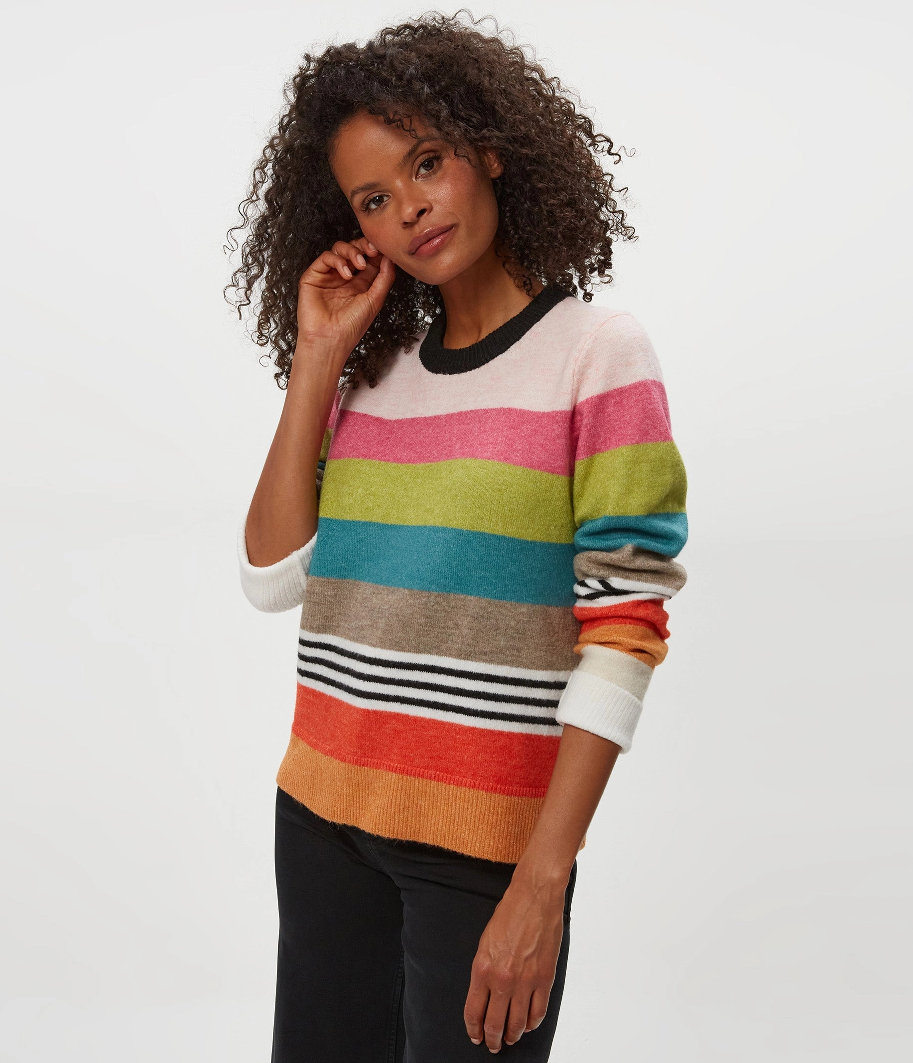 Multi Pocket Functional Design Ventilation Panel IRENE STRIPE CREW NECK PULLOVER