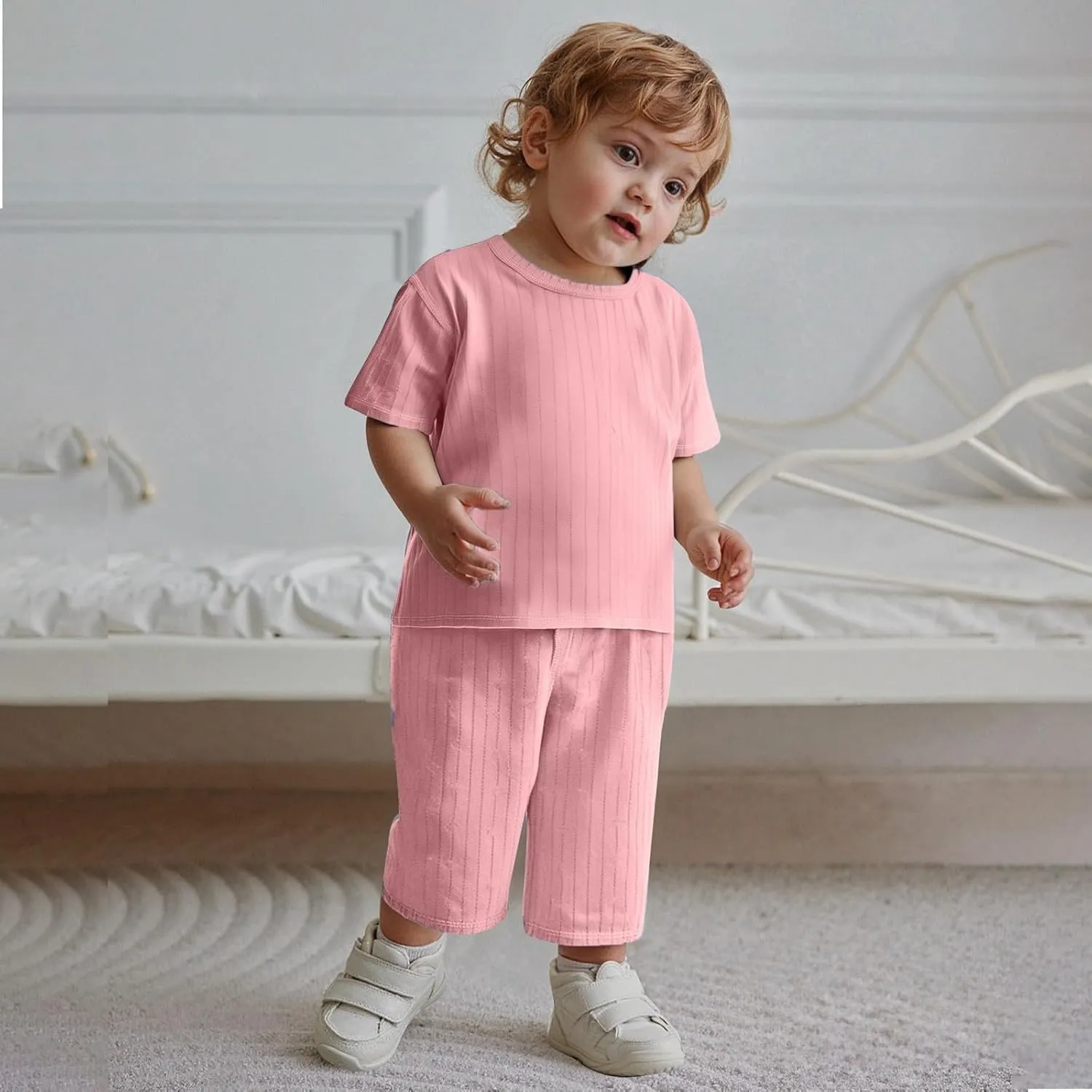 irls aby Pajama Set 2 Piece Ribbed Knit Short Sleeve T-Shirt Top and Active Sweatpants Sets Casual Loungewear