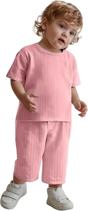 irls aby Pajama Set 2 Piece Ribbed Knit Short Sleeve T-Shirt Top and Active Sweatpants Sets Casual Loungewear