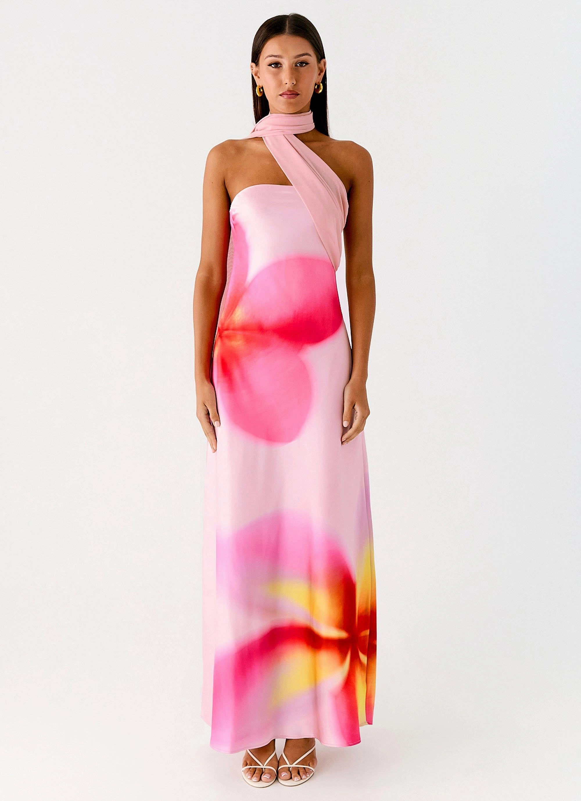 Isa Scarf Satin Maxi Dress - Frangipani Pink Smart Casual Flattering Shape