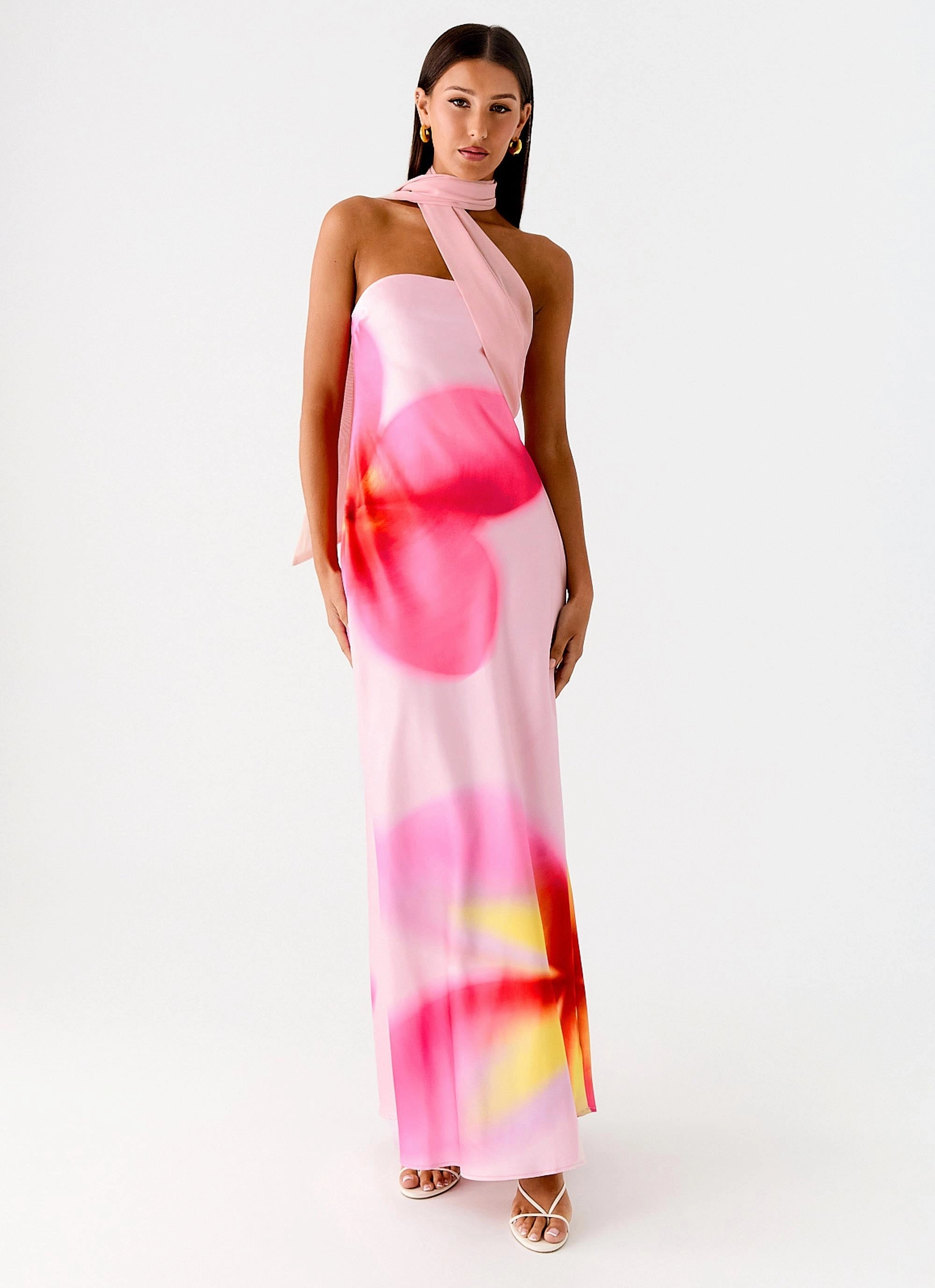 High-Fashion Flattering Waistband Fit Isa Scarf Satin Maxi Dress - Frangipani Pink
