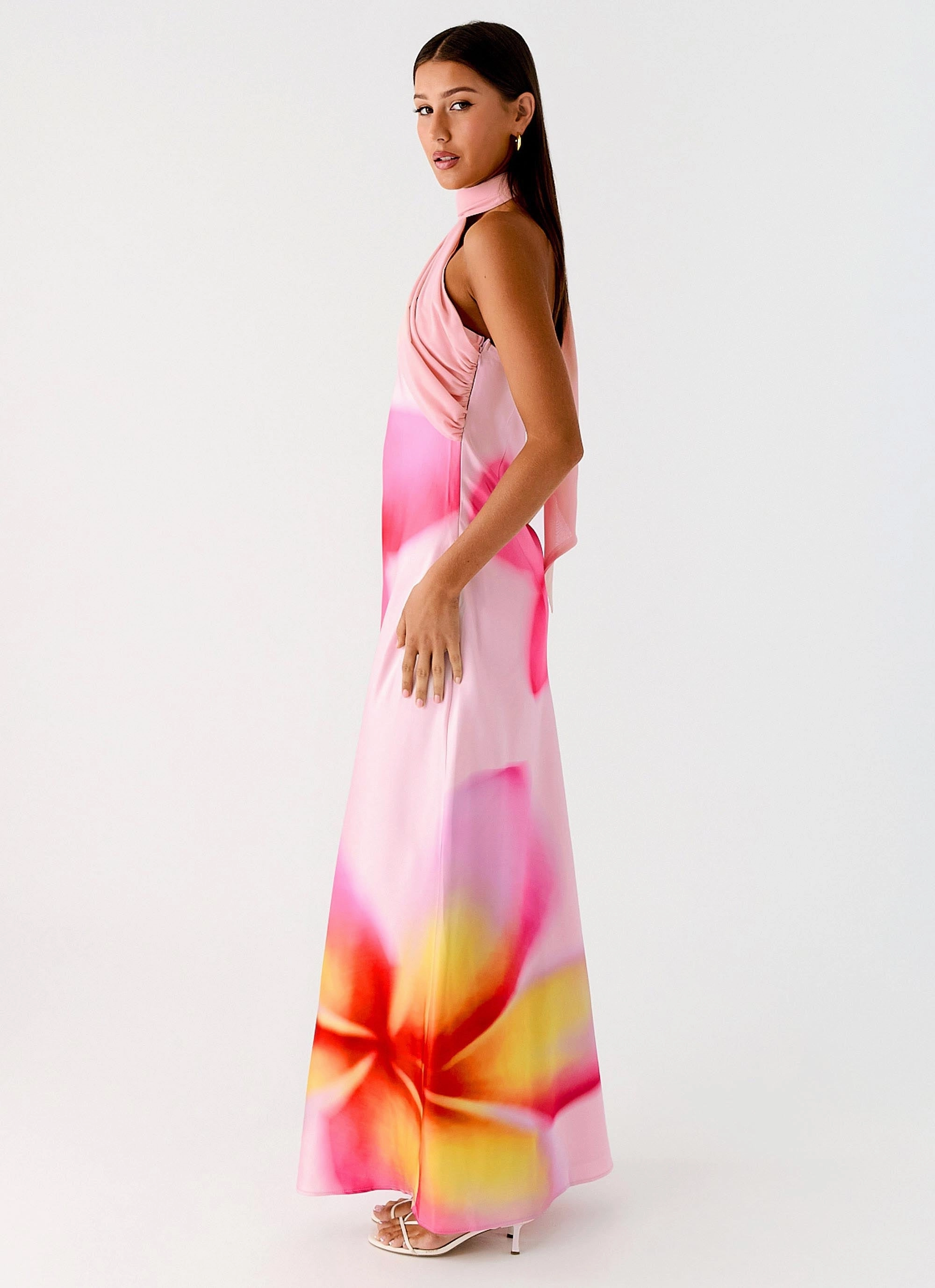 Flowing Texture Pleated design Isa Scarf Satin Maxi Dress - Frangipani Pink