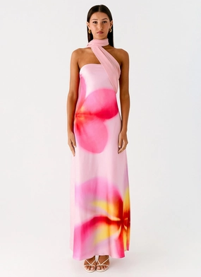 Isa Scarf Satin Maxi Dress - Frangipani Pink Smart Casual Flattering Shape