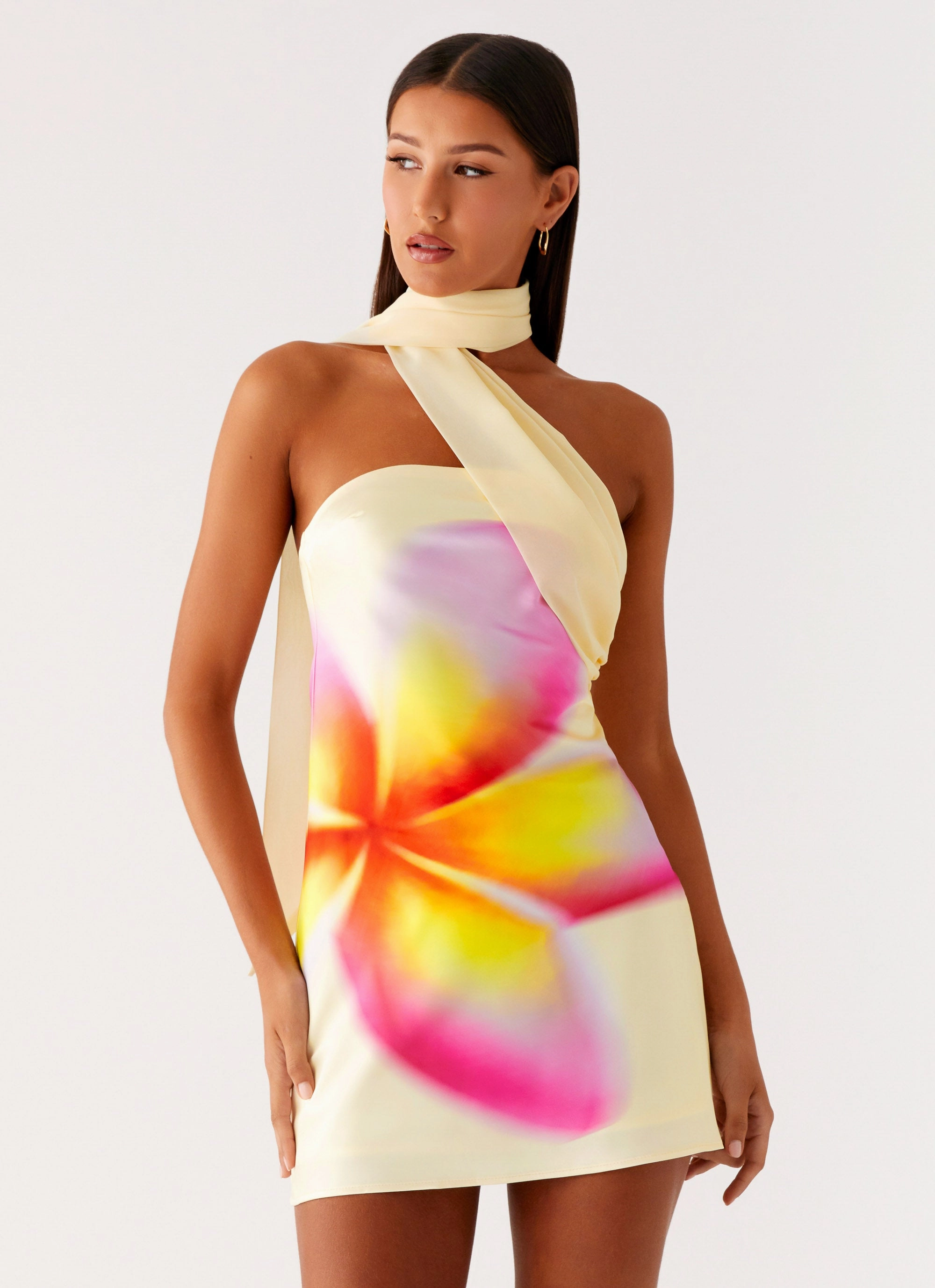 Mesh Soft Isa Scarf Satin Mini Dress - Frangipani Yellow