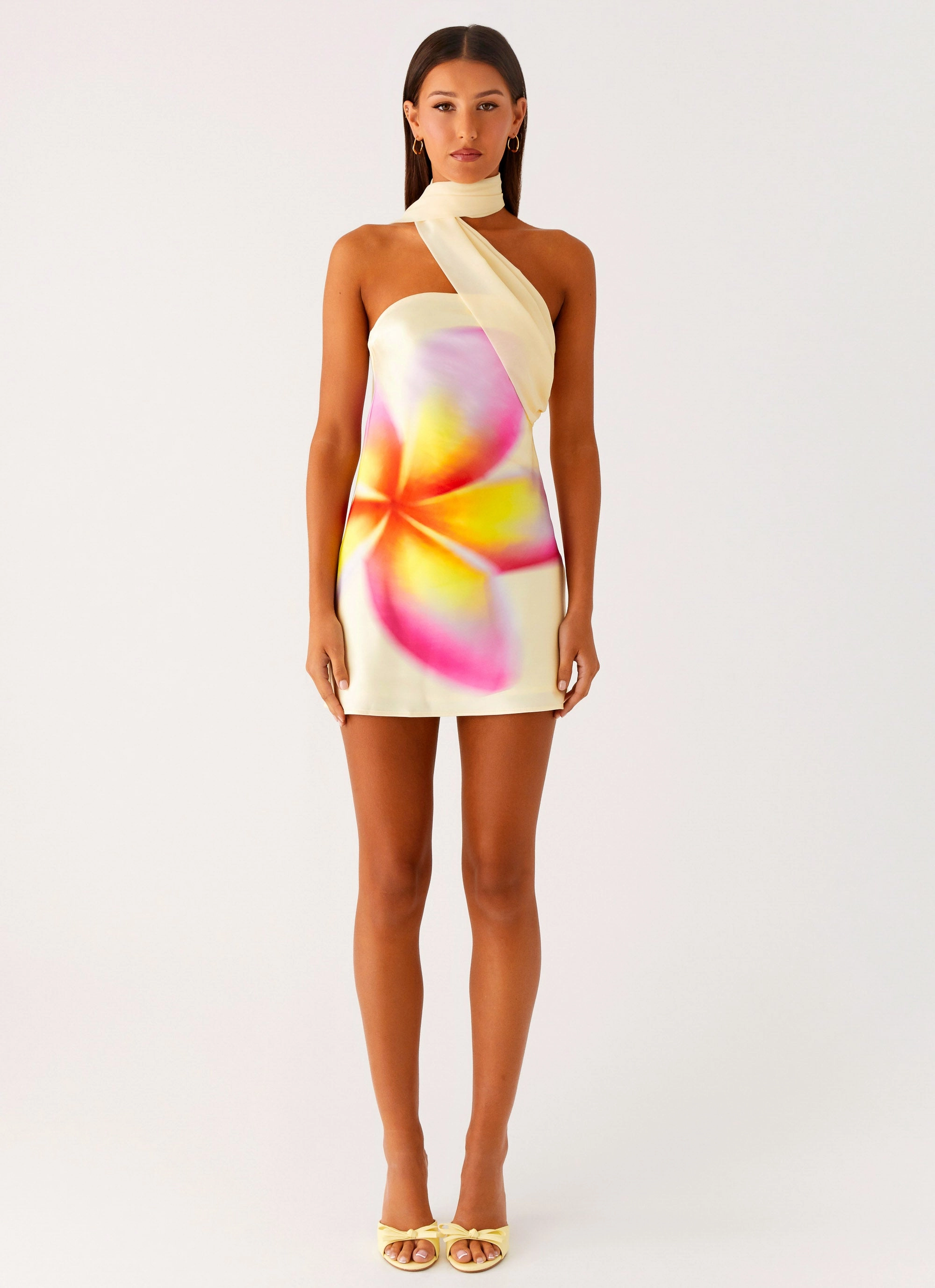 Isa Scarf Satin Mini Dress - Frangipani Yellow Stud-Detail Lounge Vibe
