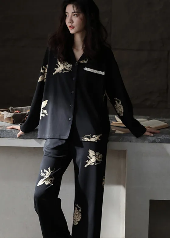 Italian Black Peter Pan Collar Print Button Cotton Couple Pajamas Two Pieces Set Spring TO1035