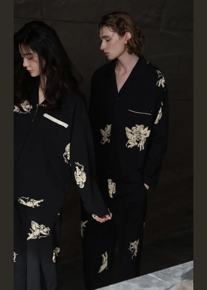 Italian Black Peter Pan Collar Print Button Cotton Couple Pajamas Two Pieces Set Spring TO1035