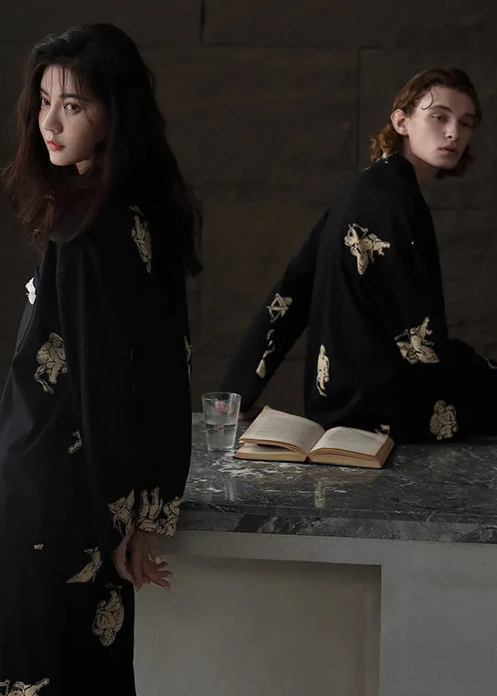 Italian Black Peter Pan Collar Print Button Cotton Couple Pajamas Two Pieces Set Spring TO1035