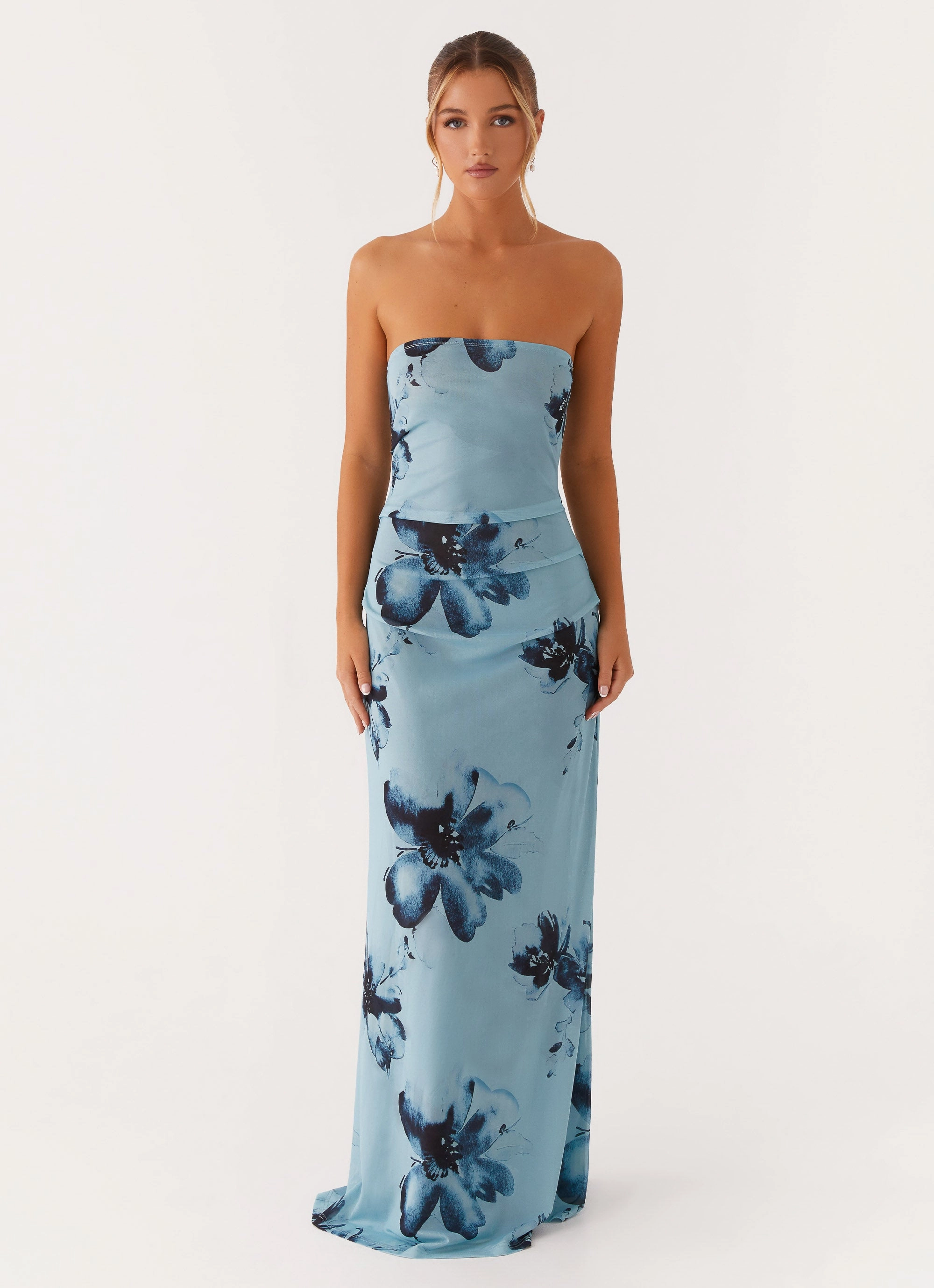 Field Of Dreams Maxi Dress - Blue Black Floral Functional-Design Luxury-Fabric