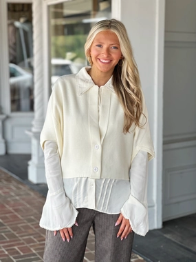 RubberizedGrip DoubleLayeredCollar Ivory 2 Button Short Sleeve Cardigan