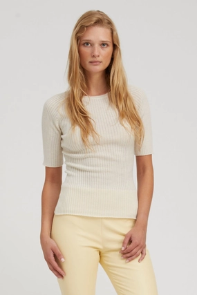 Ivory Cashmere Mid Sleeve Crewneck SheerLayering RibbedCollar