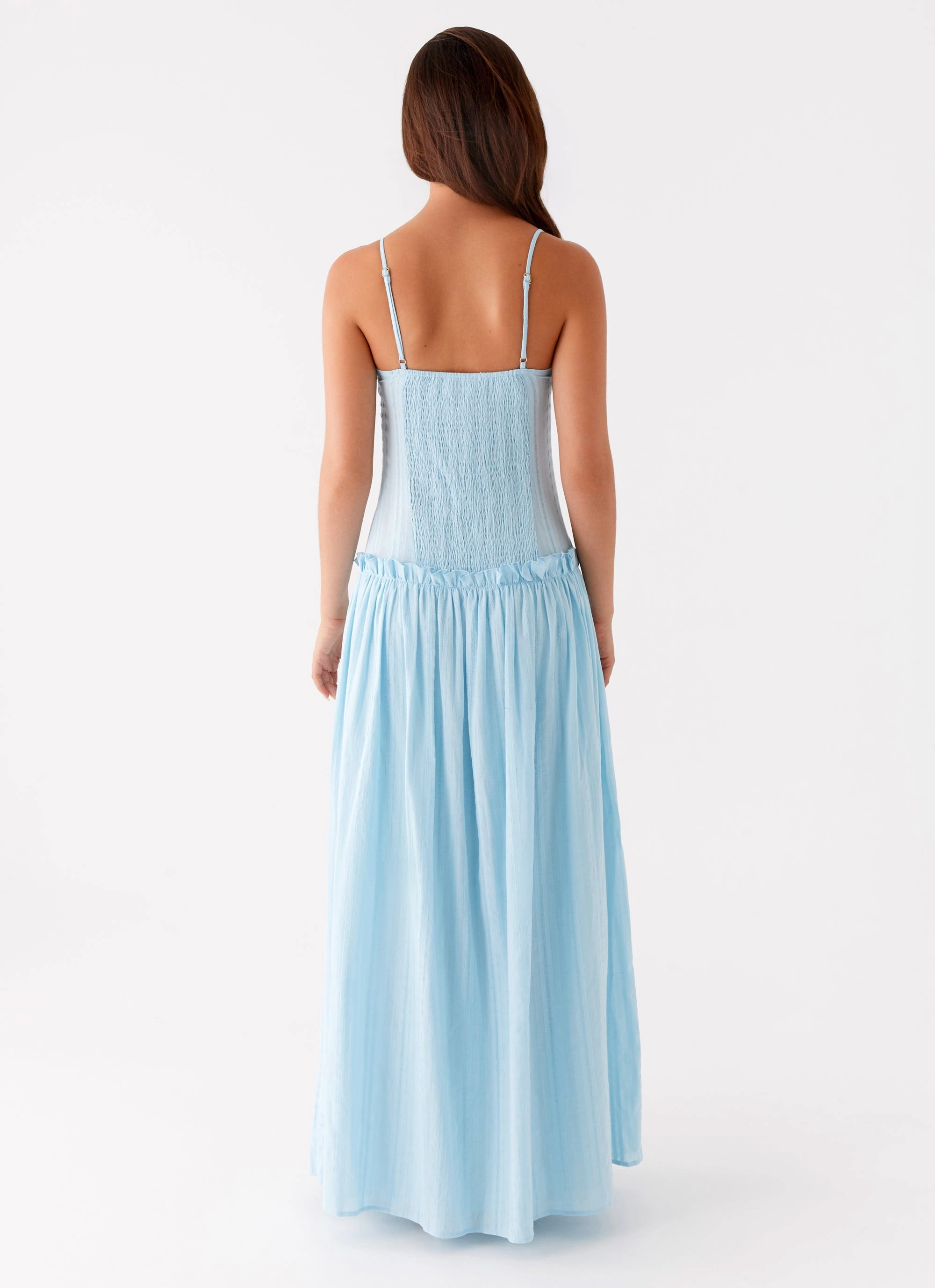 Jacinda Drop Waist Maxi Dress - Blue High-Neck Confident Mood
