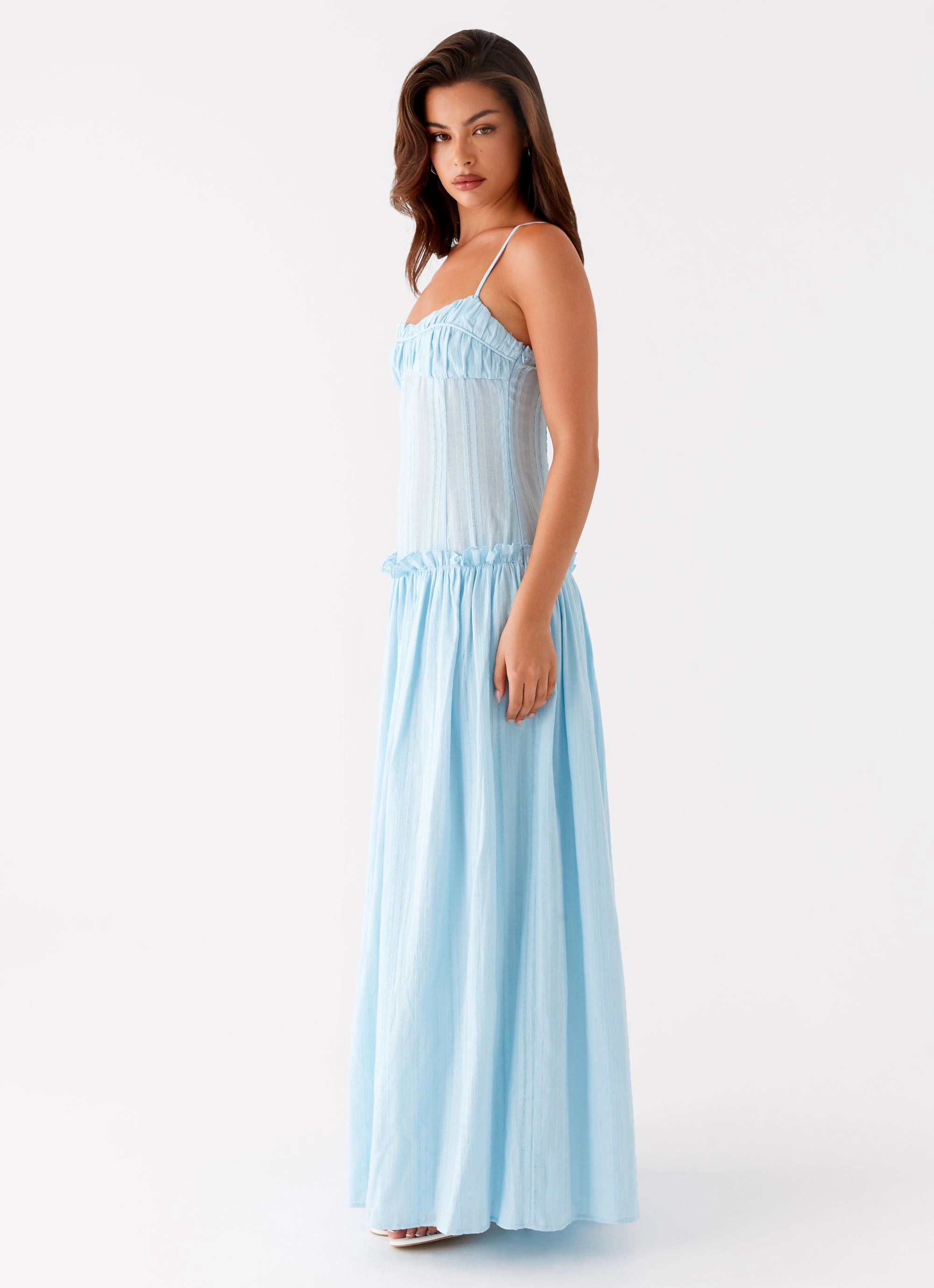 Jacinda Drop Waist Maxi Dress - Blue Draped Fabric