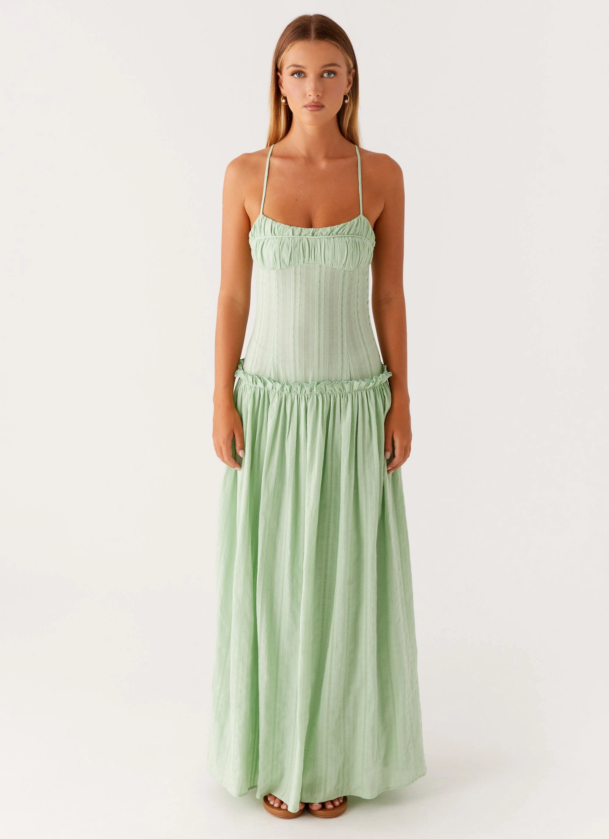 Jacinda Drop Waist Maxi Dress - Sage Detachable-Detail Sleek Feel