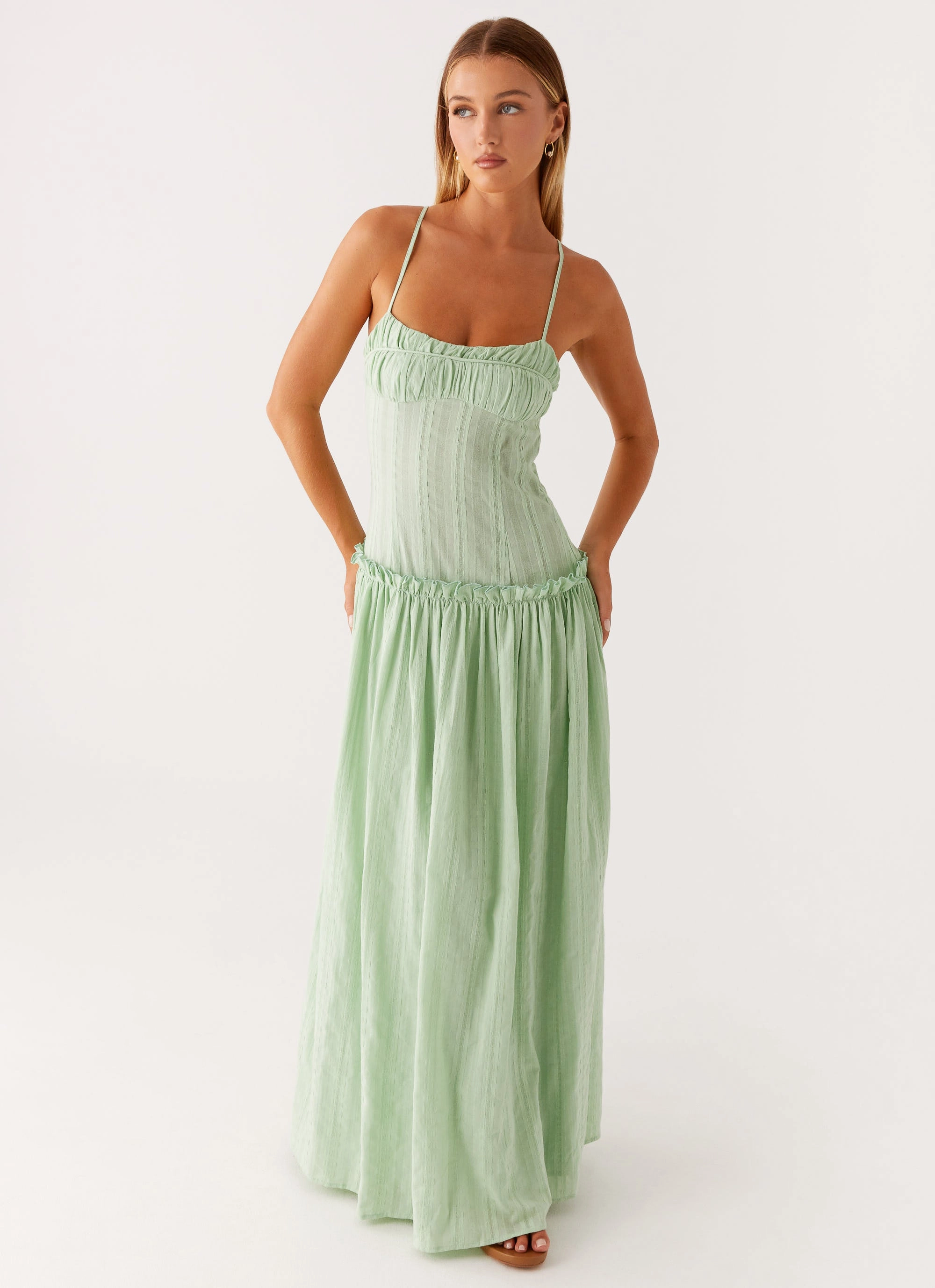Jacinda Drop Waist Maxi Dress - Sage Minimalist Design Light Bow