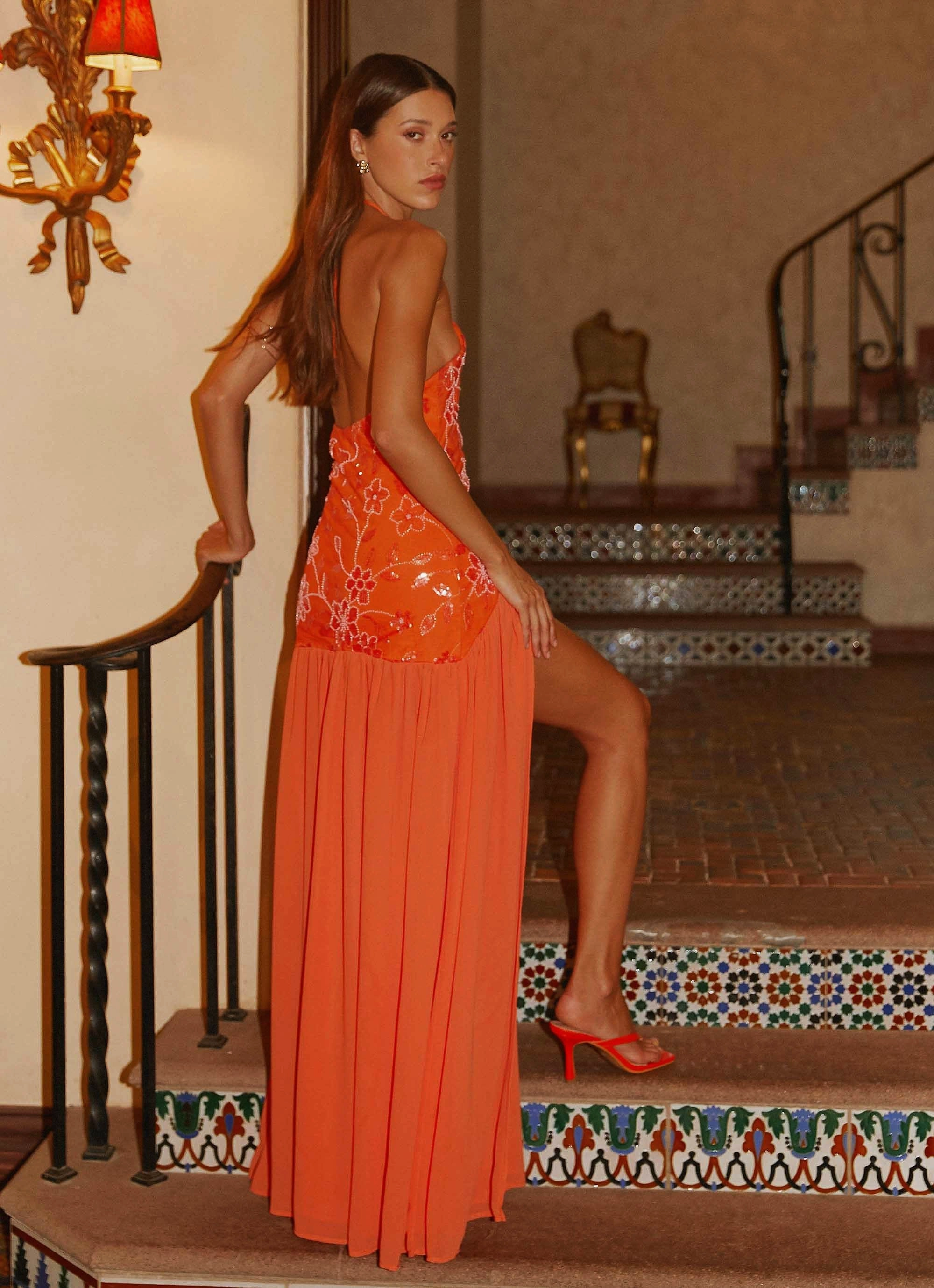 Natural Drape Janelle Beaded Maxi Dress - Orange
