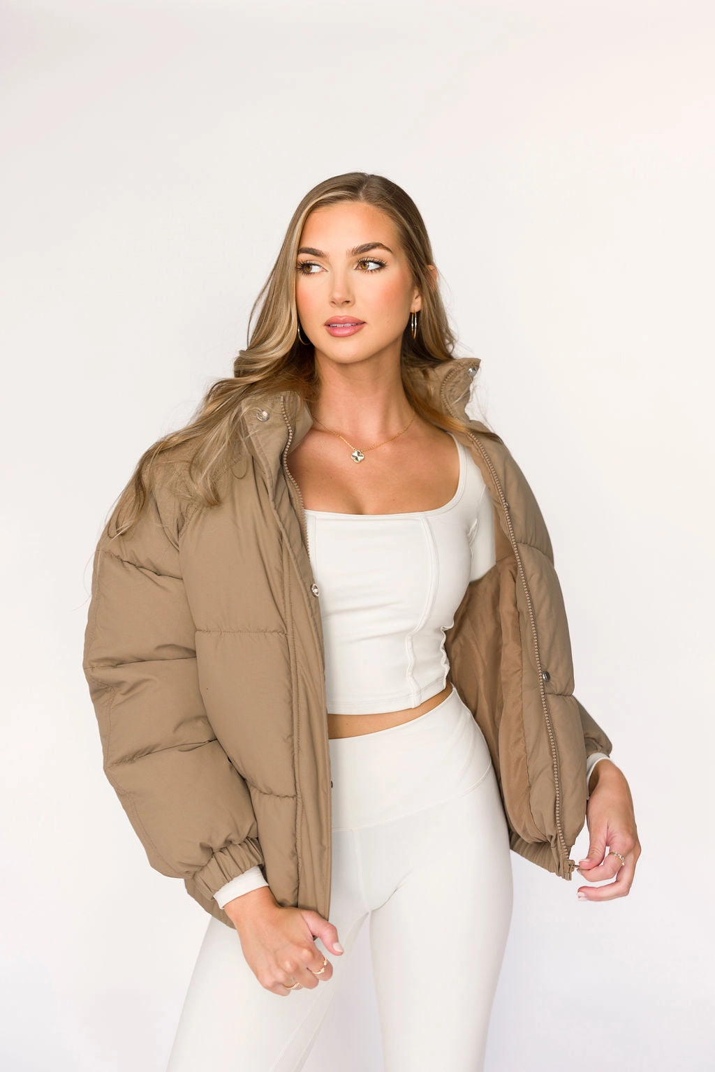 Stretch Knit Material 3D Spacer Fabric Jasmine Oversized Puffer Jacket in Khaki