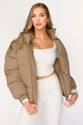 Jasmine Oversized Puffer Jacket in Khaki Anti Static Weave Technology Reinforced Neckline