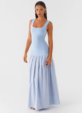 Jaxon Maxi Dress - Blue Flowing Lines Collared