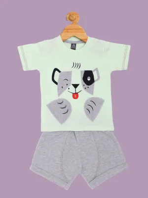 Jaybee Boy’s Light Green Puppy Face T-Shirt and Grey Shorts Set